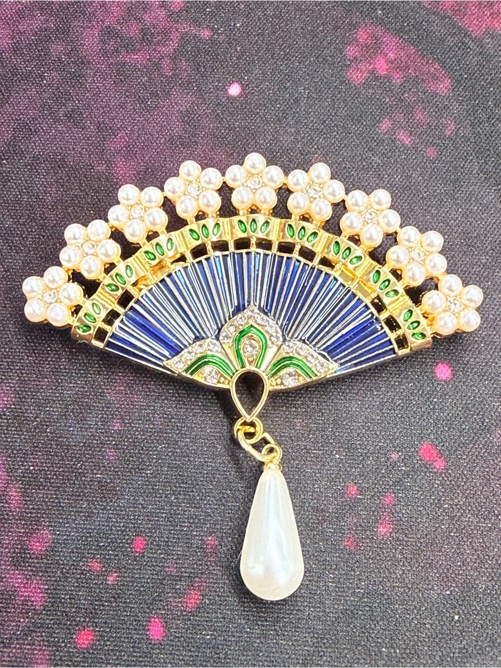 Gold-Tone Blue & Green Fan Brooch with Pearl Drop